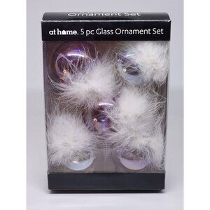 NIB At Home 5 Pc Glass Ornament Set With Faux Fur Accents Pink White